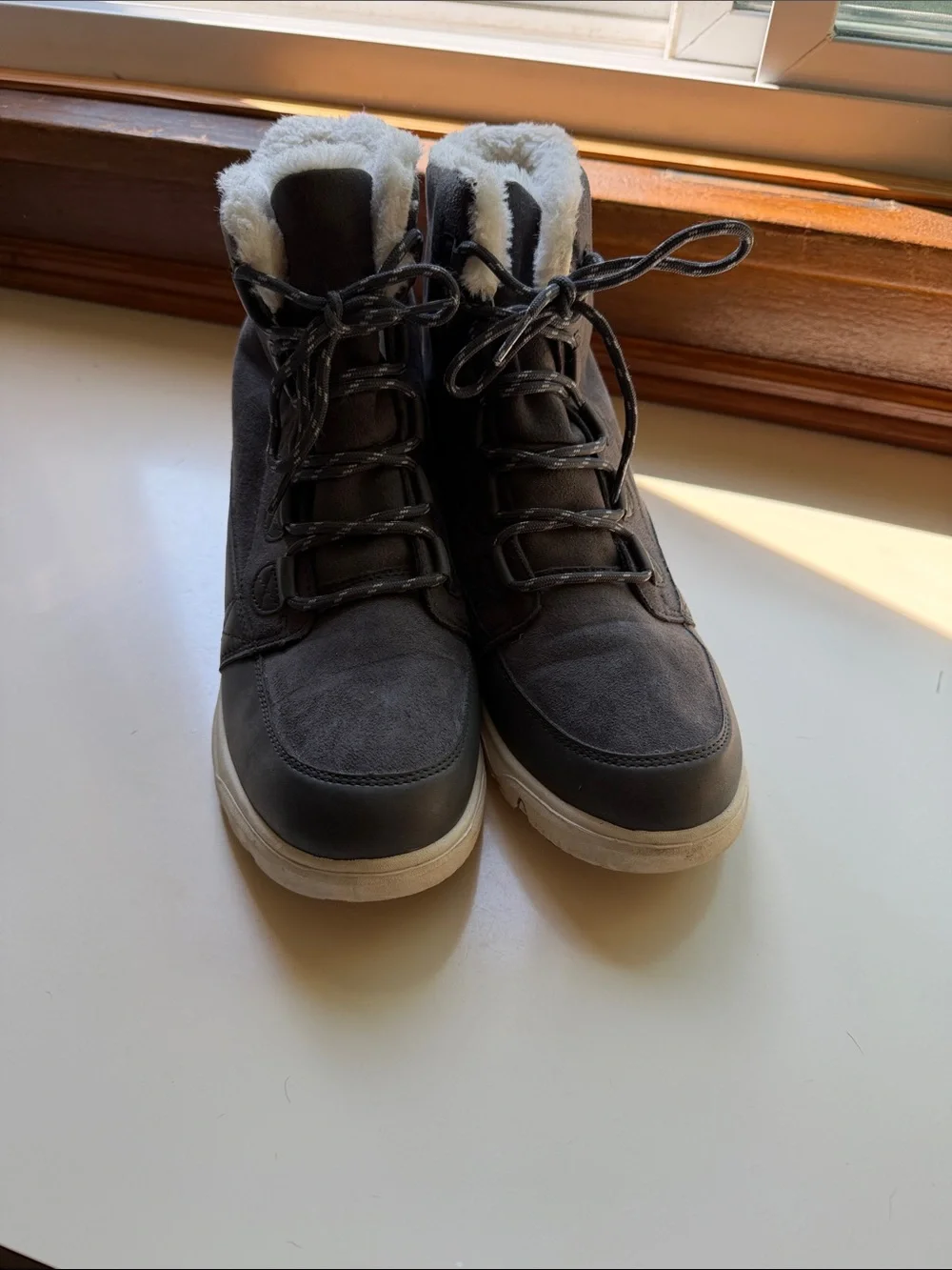 Women’s Gray Winter Lace-Up Boots with Faux Fur Collar